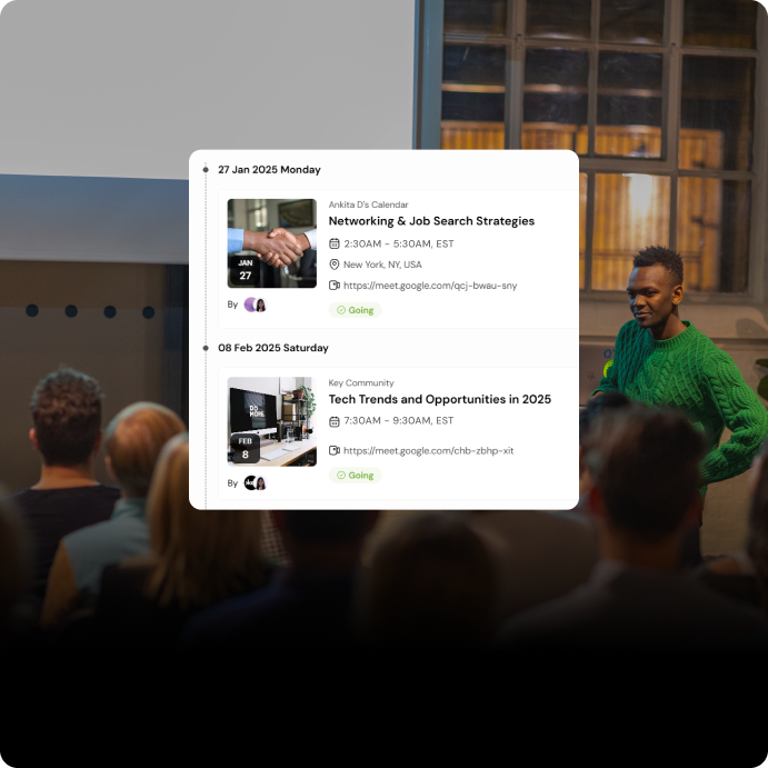 Event management interface displaying Key.ai community events for "Networking & Job Search Strategies" and "Tech Trends and Opportunities in 2025," superimposed over an audience attending a presentation with a speaker.